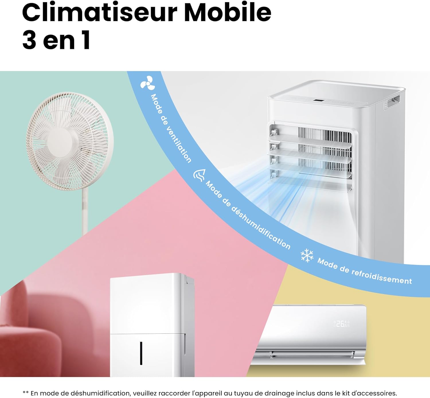 COMFEE' Climatiseur Mobile 9000 BTU/h 2,6kW, 3-EN-1 Refroidisseur Déshumidificateur Ventilateur, Fonction Follow me, Minuterie, Mode nuit, Pour salon et maison de 33㎡/88m³, MPPH-09CRN7, R290