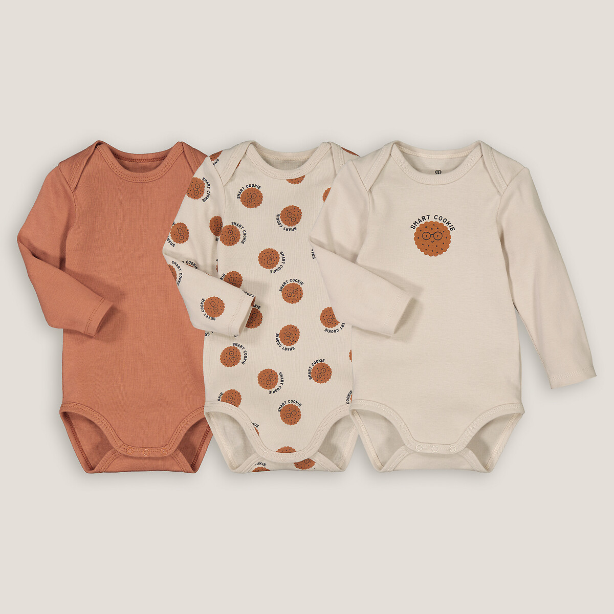 COLEÇÃO LA REDOUTE<br>Conjunto de 3 bodies de manga comprida, tema biscoitos