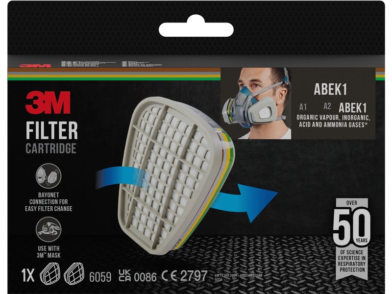 3M Ersatzfilter 6059 ABEK1 für Serie 6000 & 7000, 1 Paar Austauschfilter ABEK1 für Halb & Vollmaske Serie 6000 & 7000
