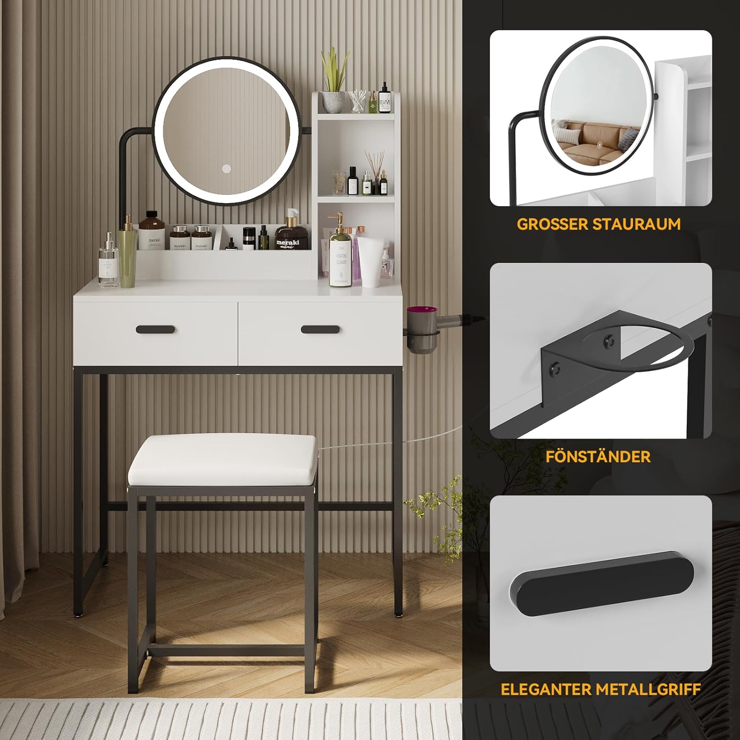 Fullwatt Schminktisch mit LED-Beleuchtung, Schminktisch mit Spiegel und Hocker, 3 Farben, Einstellbarer Helligkeit, Frisiertisch mit 2 Schubladen und 5 Offene Ablagen, Haartrocknerhalter, Modern, Weiß