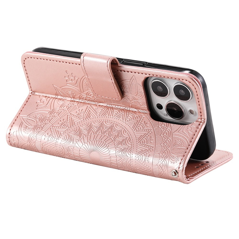 iPhone 14 Pro Leder Tasche Wallet - Mandala Flowers Imprint - Roségold