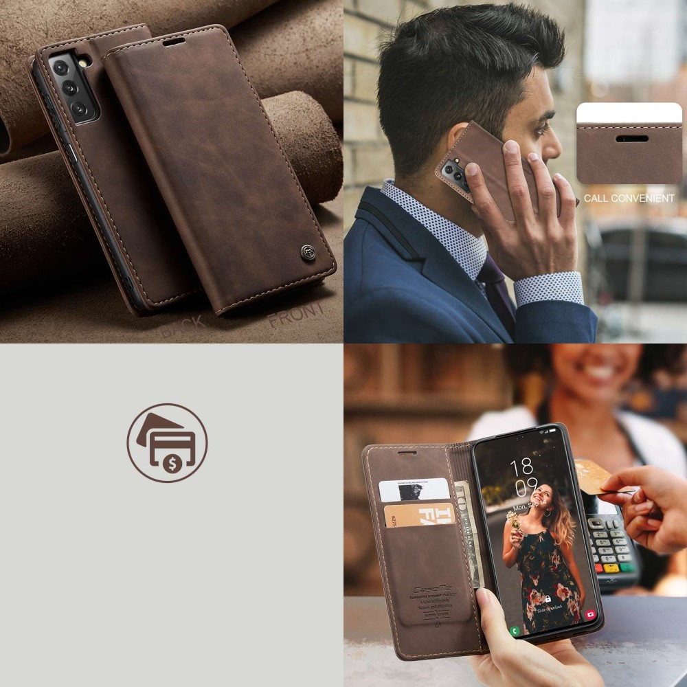 Samsung Galaxy S21 FE 5G Leder Tasche Flip Wallet Etui mit Kartenfächern - Dunkelbraun