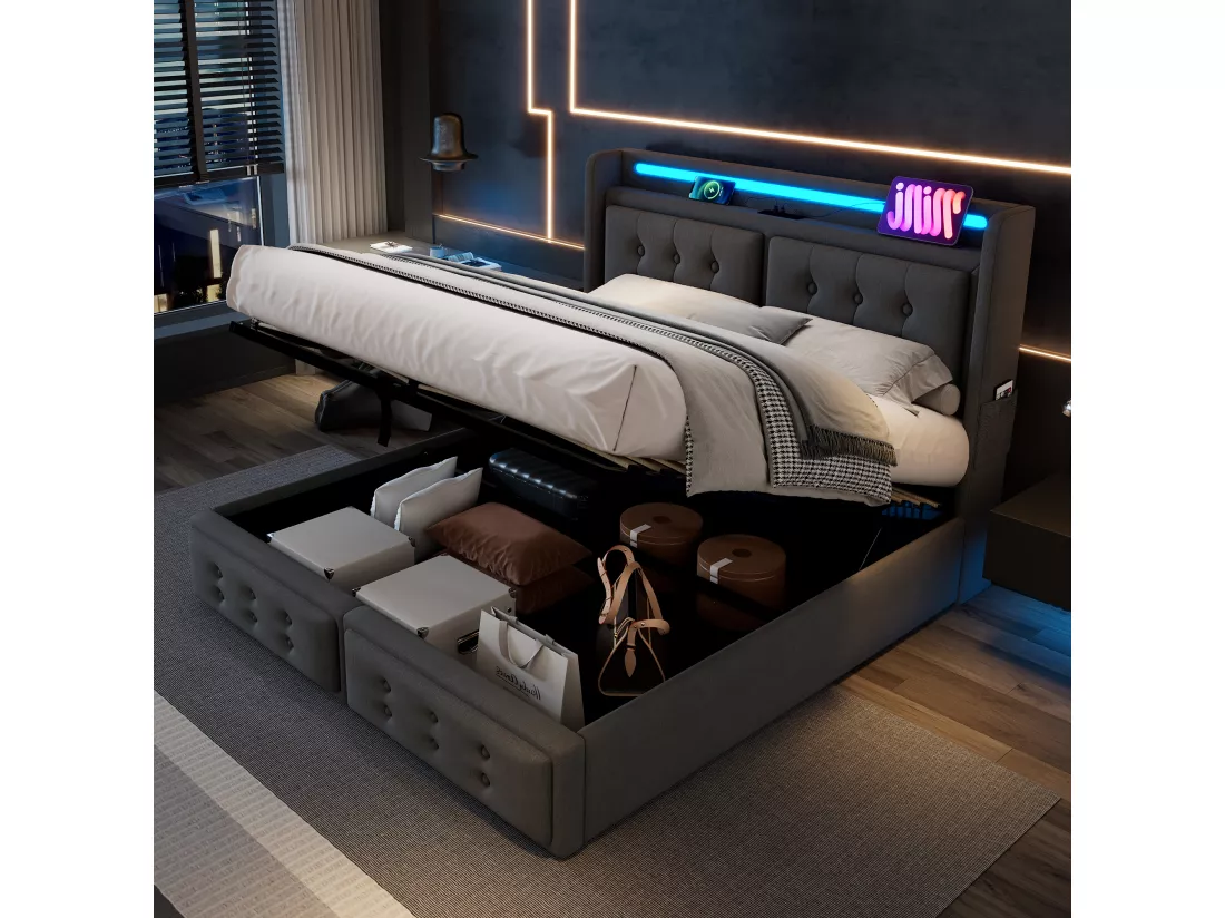 Lit coffre 160x200cm en tissu lin - avec LED et Ports de recharge - Gris