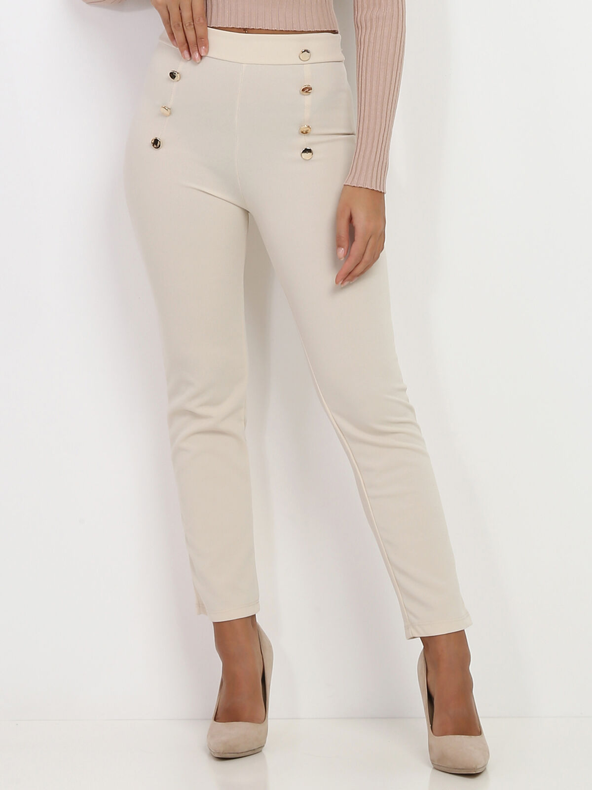 Pantalon taille haute à boutons- Beige