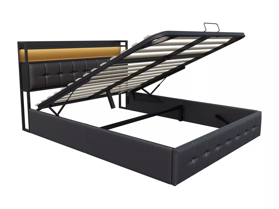 Lit coffre rembourré 160x200cm en tissu de pu - avec LED et port de charge - avec sommier à lattes - Noir