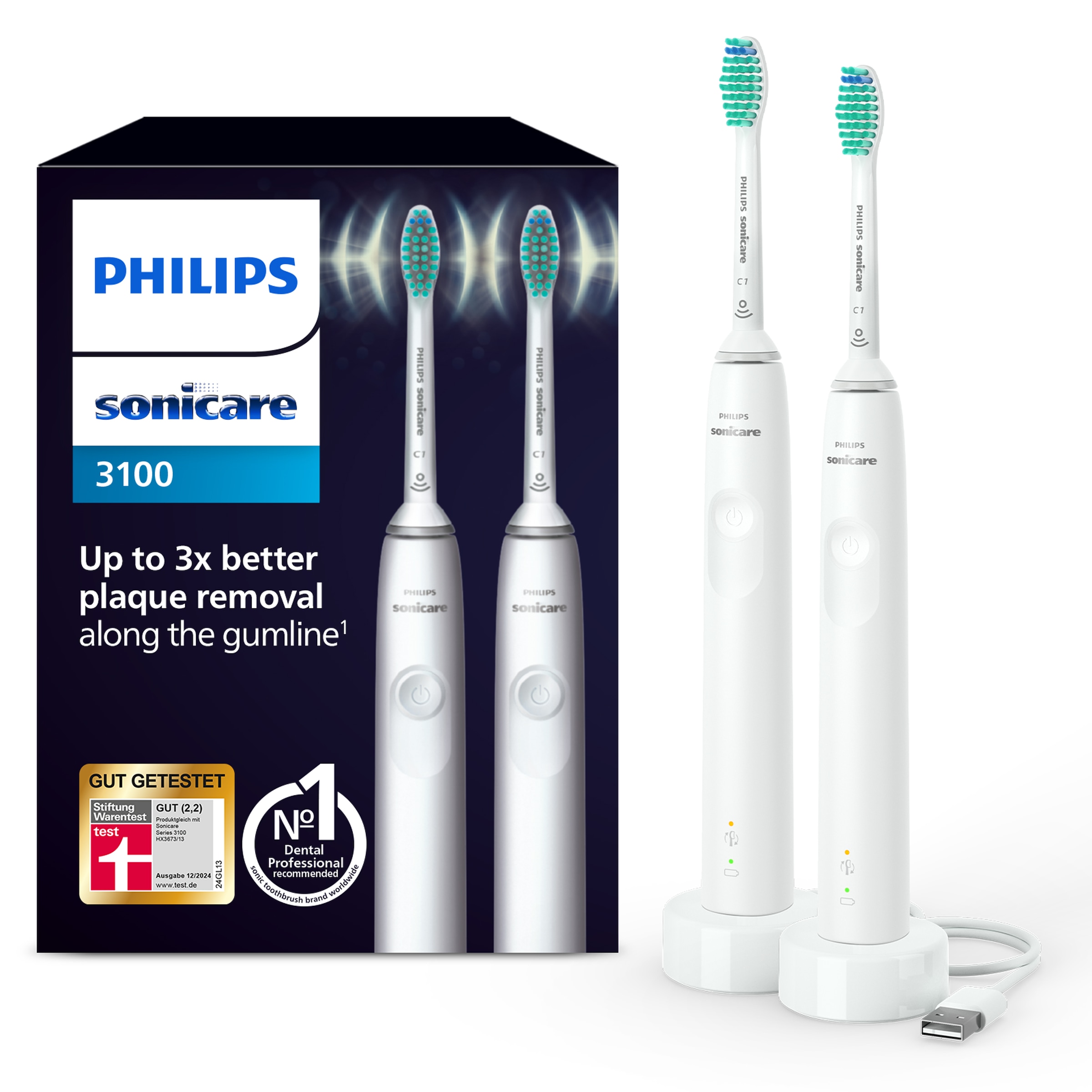 Philips Sonicare Elektrische Zahnbürste »Series 3100 HX3675/13« 2 Stk. Aufsteckbürsten Doppelpack, mit  4-Quadranten-Timer und 2-Minuten-Timer