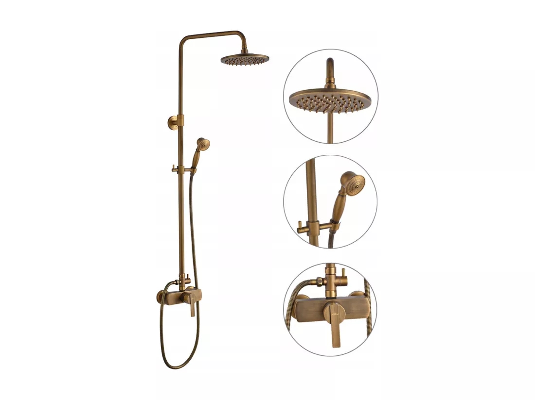 AURALUM MAX Colonne Douche Mécanique Ensemble de Douche à Double Poignée Rétro Système de Douche Réglable Kit Douche en Laiton Antique Finition Bronze