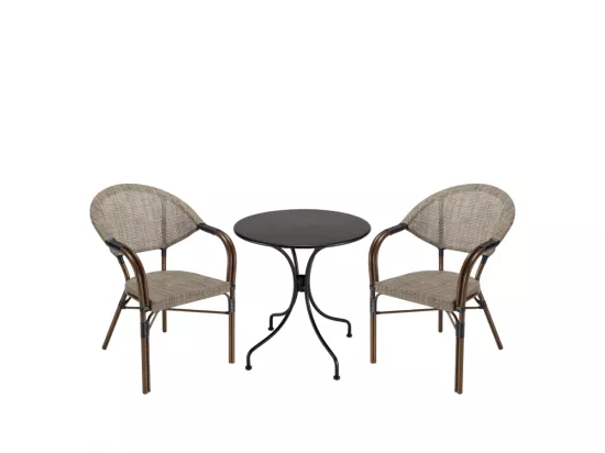 VIANNEY - Salon de jardin 2 personnes en acier - 1 table ronde 70x70cm et 2 chaises en textilène taupe