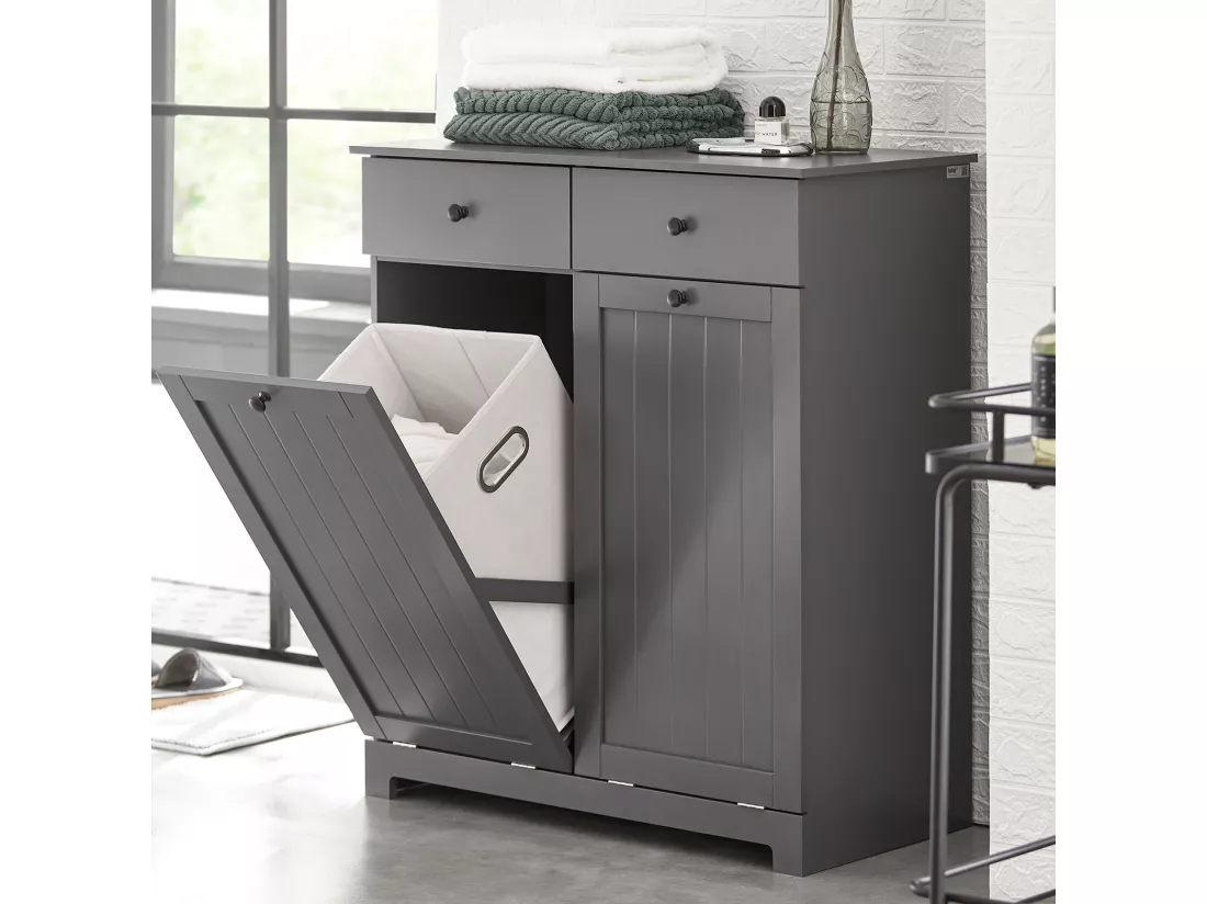 Meuble Bas de Salle de Bain Armoire Toilette avec 2 Tiroirs et 2 Paniers à Linge, BZR33-DG