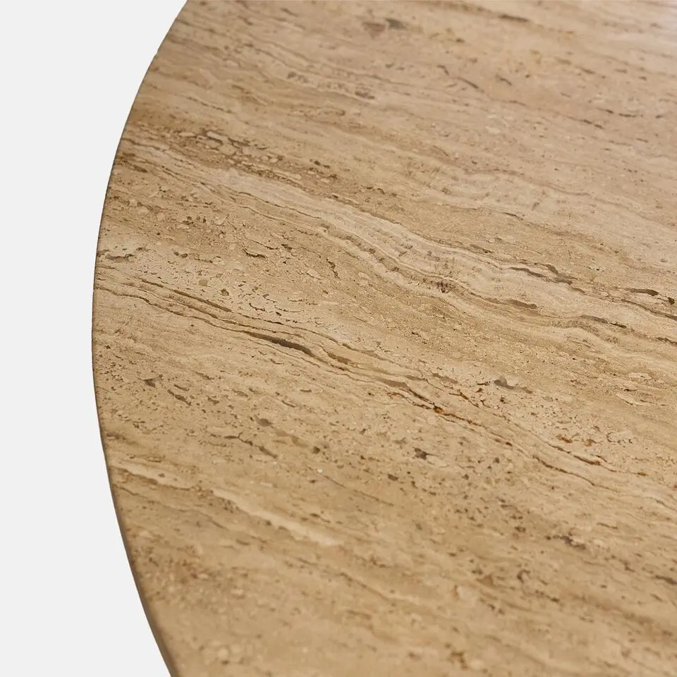 Eettafel Ø120cm - Wit Travertin Blad - Bruin Onderstel