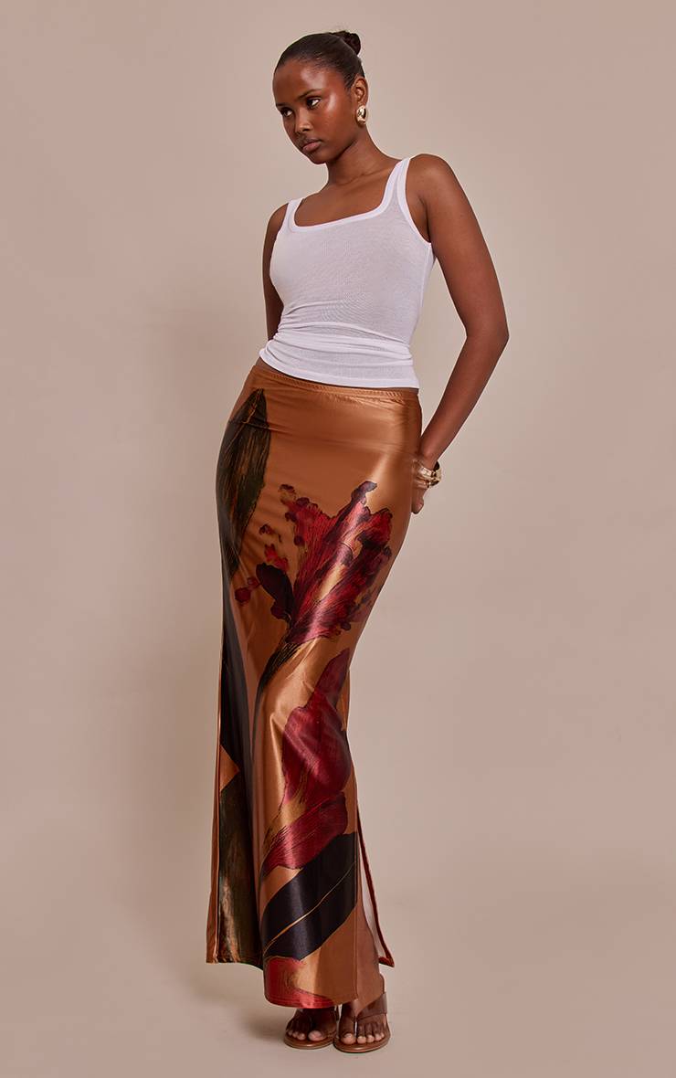 Rose Pâle Jupe Longue En Satin Extensible À Imprimé Floral