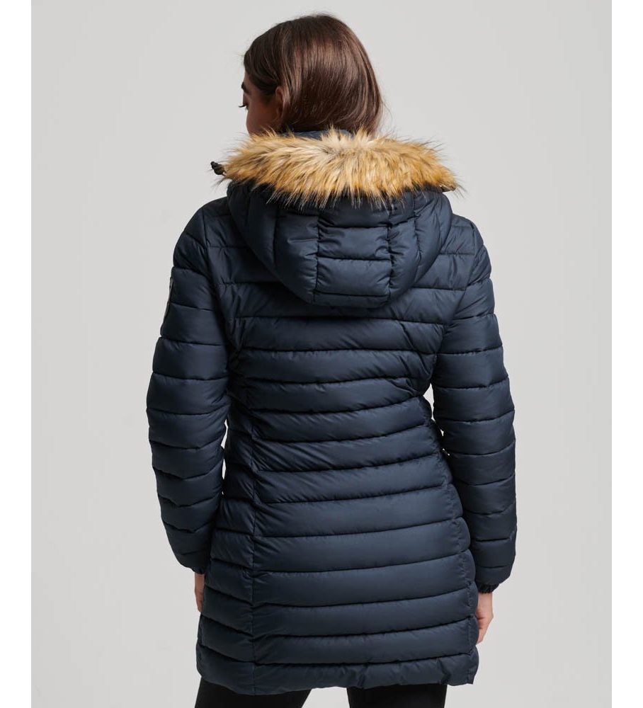 Casaco acolchoado com capuz Superdry Fuji de comprimento médio, azul marinho