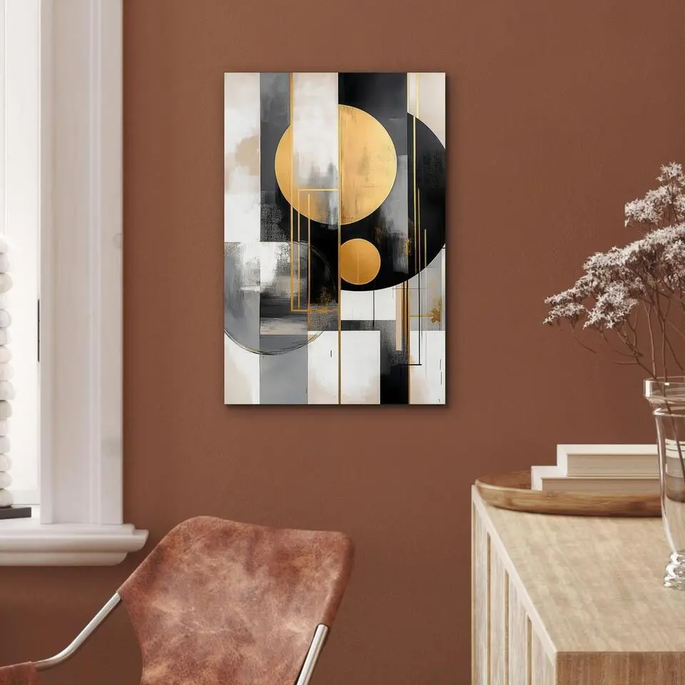MuchoWow Aluminium Schilderij 40x60cm Abstract Goud Zilver Vormen