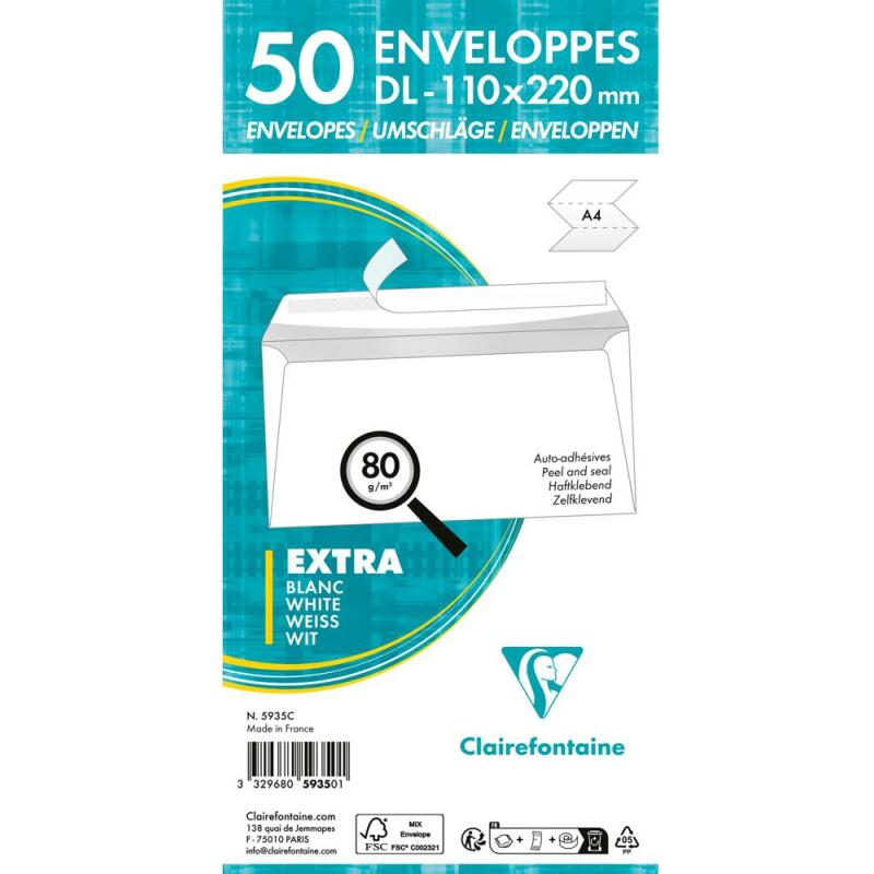 Enveloppe Clairefontaine 80 g/m² blanche avec bande de protection - Paquet de 50
