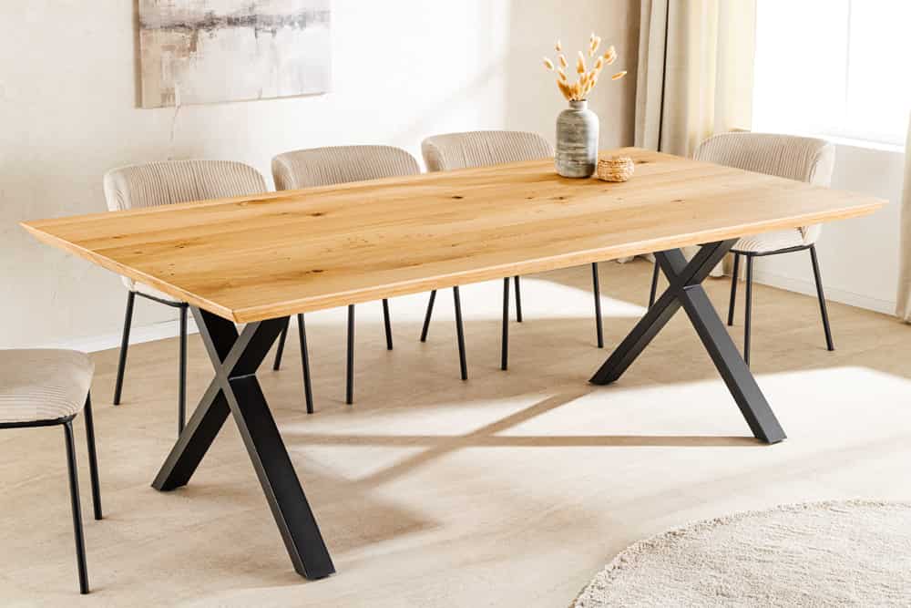 Massivholz Esstisch WILD OAK 160cm natur Wildeiche Schweizer Kante X-Gestell