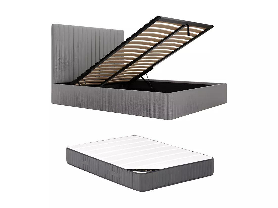 Lit coffre 140 x 190 cm avec tête de lit coutures verticales - Velours côtelé - Gris + Matelas - SARAH