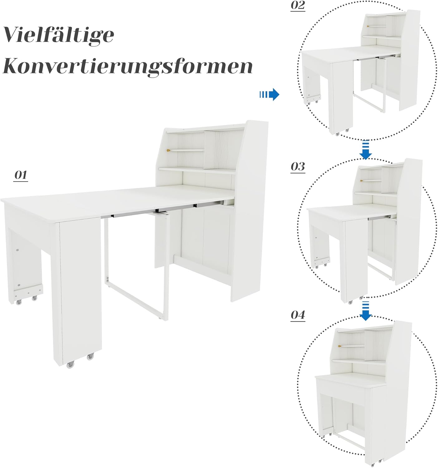 Ausziehbarer Esstisch klein, Einweg-Ausziehtisch, Weiß Esszimmer-Stauschrank, Platzsparender Multifunktions-Esstisch, 52/132.5x80x76cm