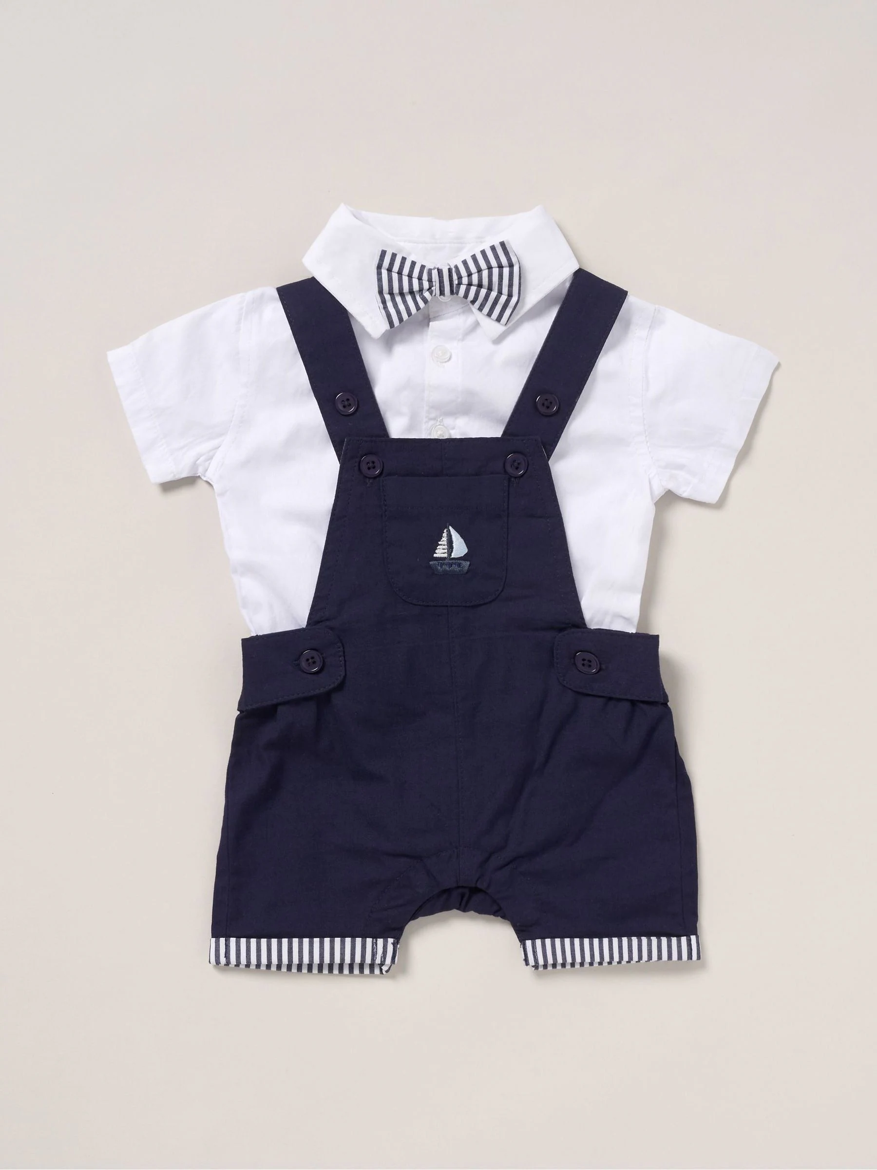 Lichtblauw - Little Gent 100% Cotton Bodysuit Shirt Dungarees and Bowtie Outfit Set