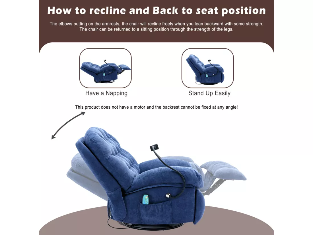 Fauteuil massant en tissu avec télécommande, pivotante et chauffée, 4 zones/5 modes/3 Minuteur, 155x92x90cm