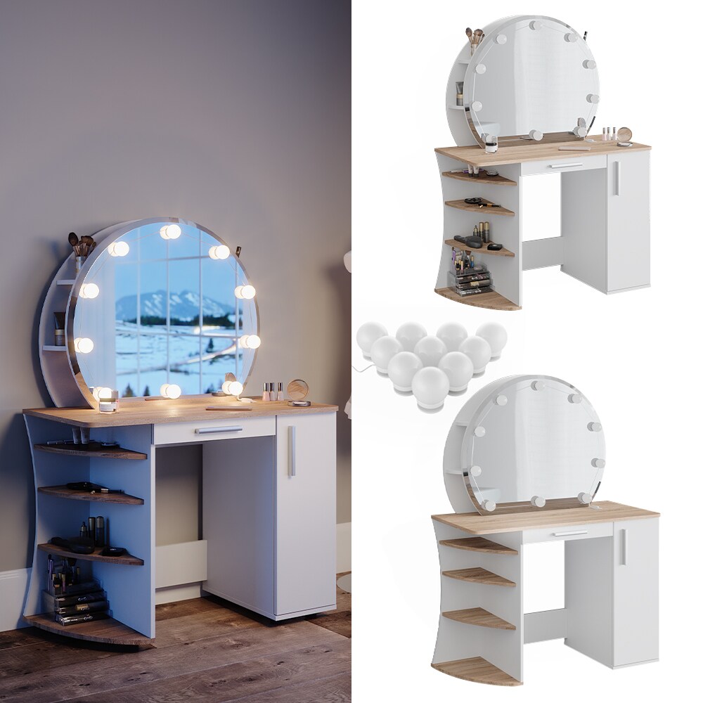 Vicco Schminktisch Frisiertisch Kosmetiktisch Almina Weiß Sonoma Schminkspiegel 100x143 modern LED Beleuchtung Schlafzimmerkommode Schminkkommode Schublade Frisierkommode Make-Up-Tisch