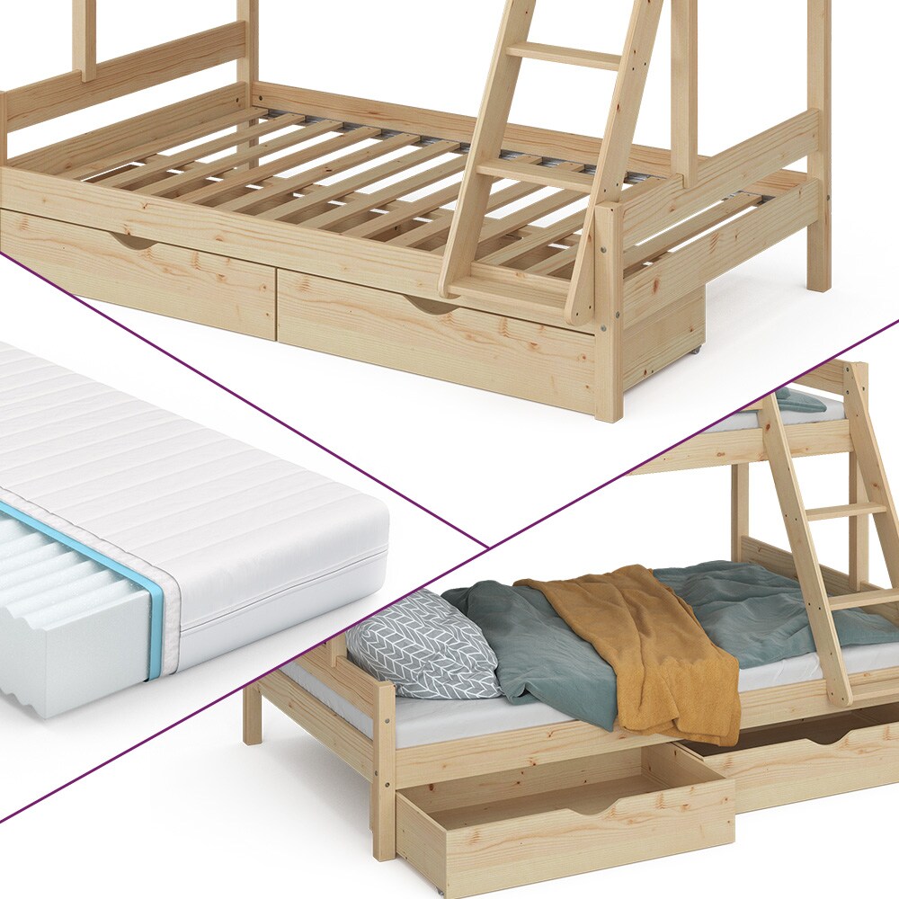 VitaliSpa Hochbett Kinderbett Spielbett Everest Natur modern 120x200 Massivholz Kinderzimmer Bett Lattenrost Bettleiter Kletterbett Doppelbett Geschwisterbett Bettschublade Rollschublade Matratze