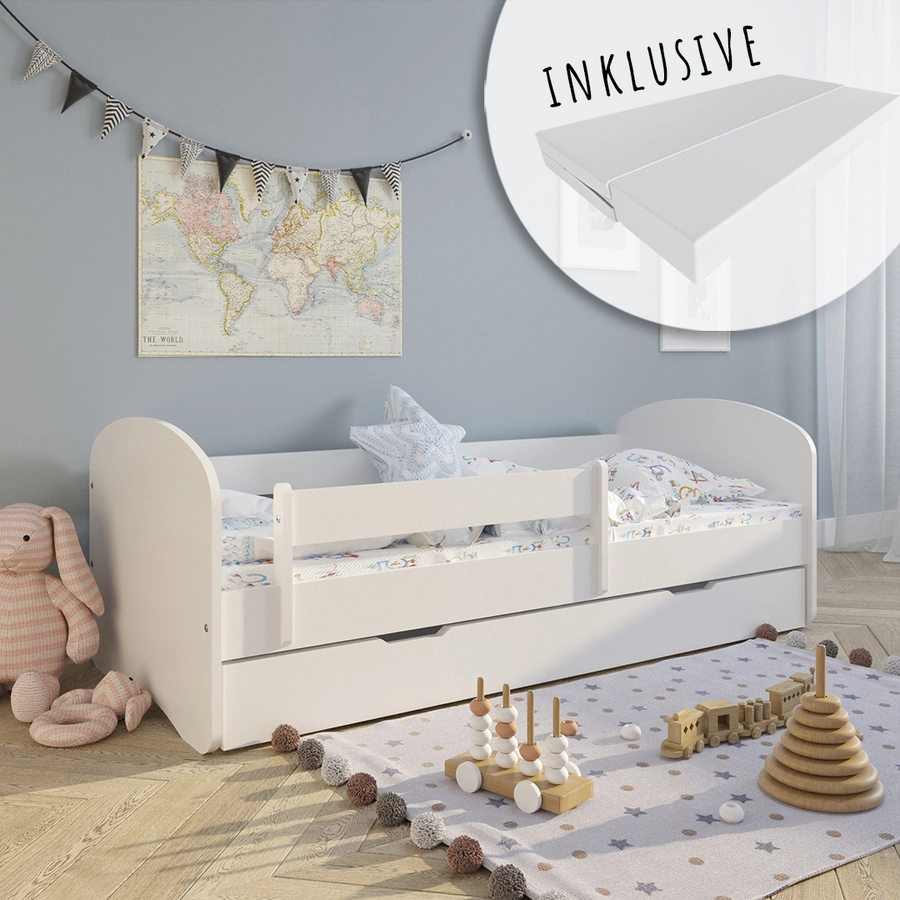 Kids Collective Kinderbett 80x160 | 80x180 mit Matratze, Rausfallschutz, Lattenrost weiß mit Schublade