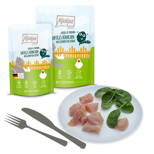 Quetschie - Chicks & Friends saftiges Hühnchen an gedämpftem Spinat