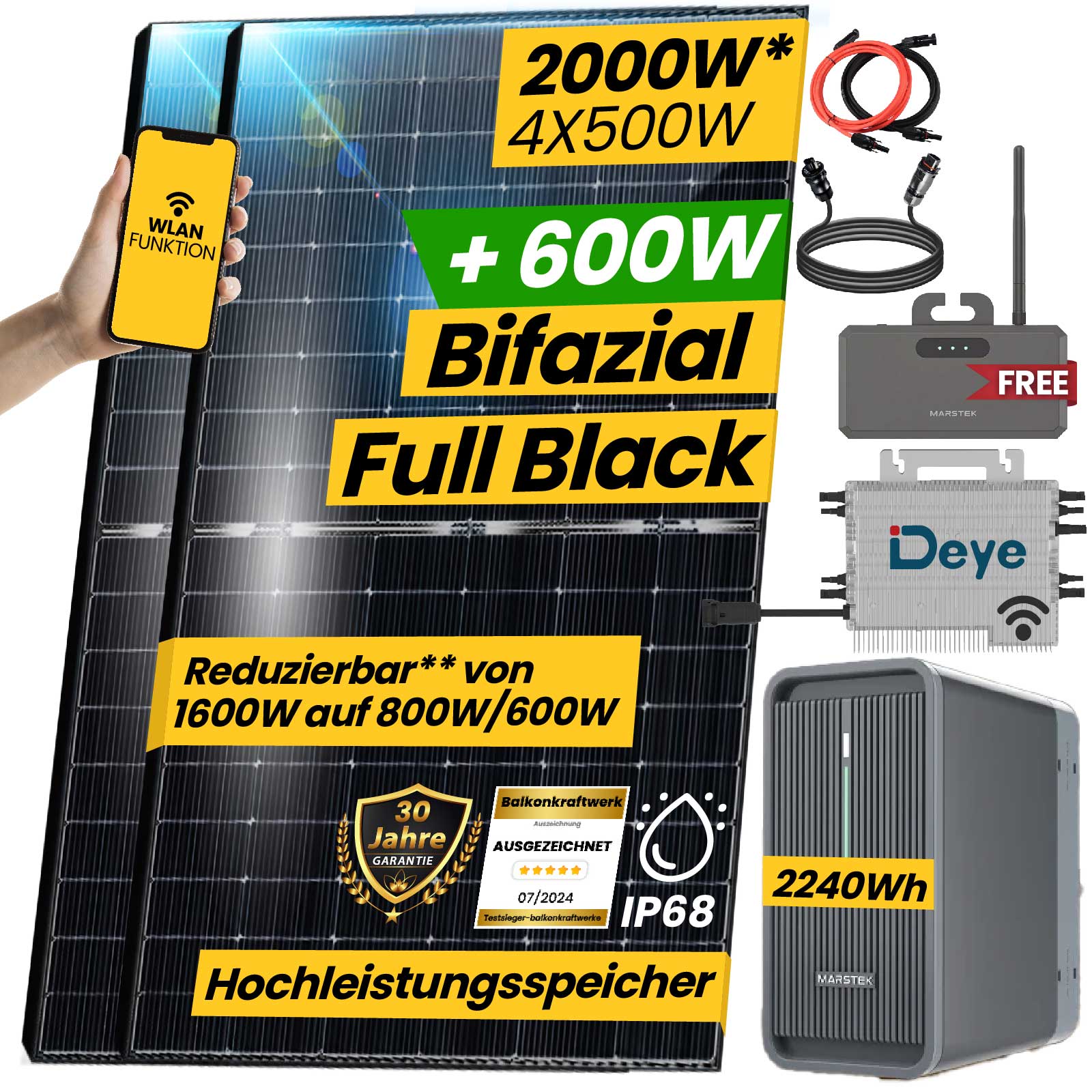 Epp 2000W/1600W Balkonkraftwerk mit Speicher Komplettset 2,24 kWh Marstek B2500-D Speicher mit DEYE 1600W WIFI Wechselrichter Smart Mini Anlage