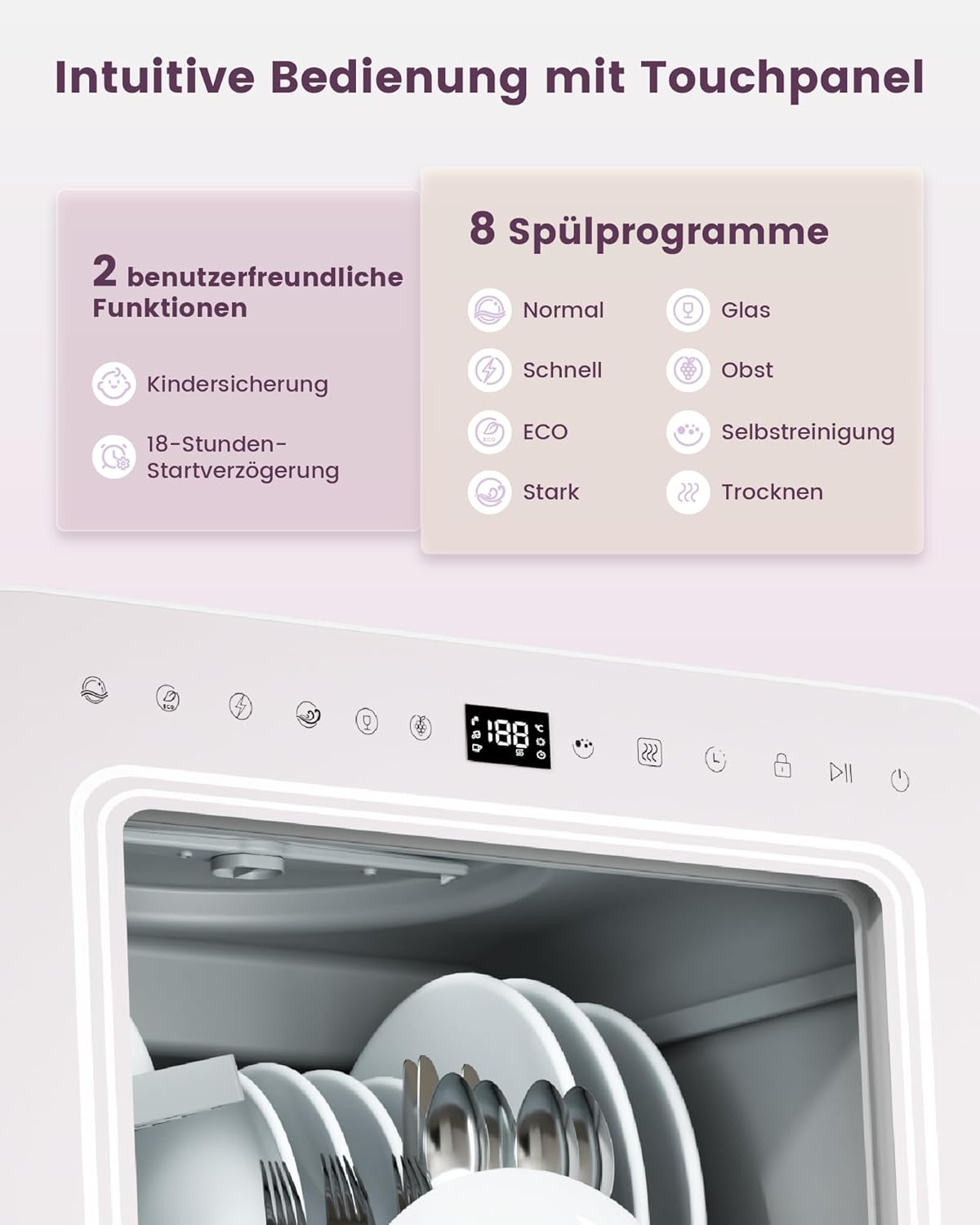 HAVA Tischgeschirrspüler mit Wasserenthärter und erhöhter Energieeffizienz, Spülmaschine mit 8 Programmen, Kindersicherung & verzögerter Start, keine Installation erforderlich - Zarter Flieder