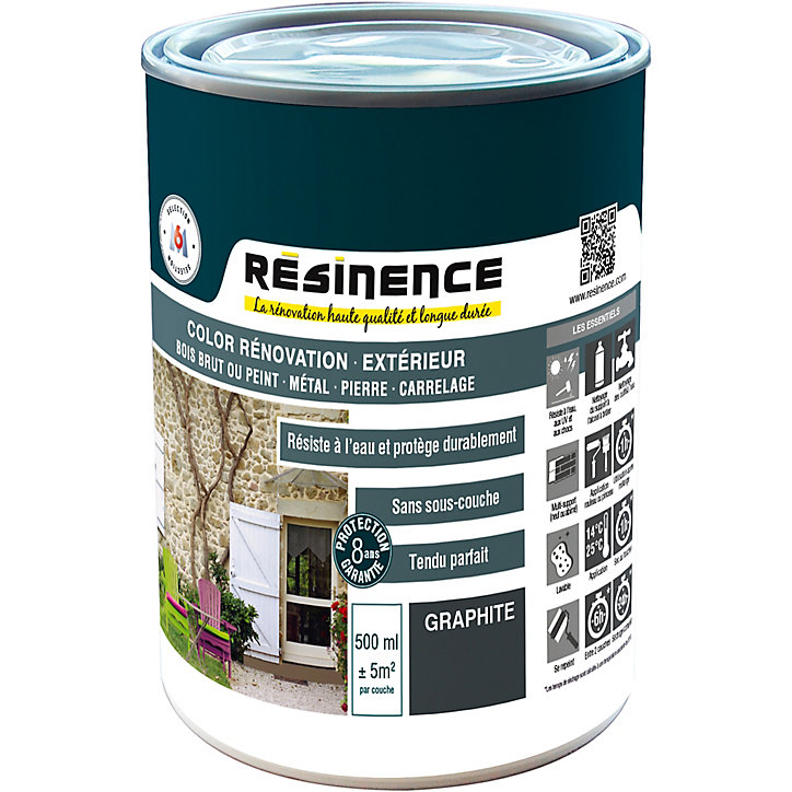 Peinture extérieure rénovation multi-supports Résinence graphite satin Résinence 0,5L