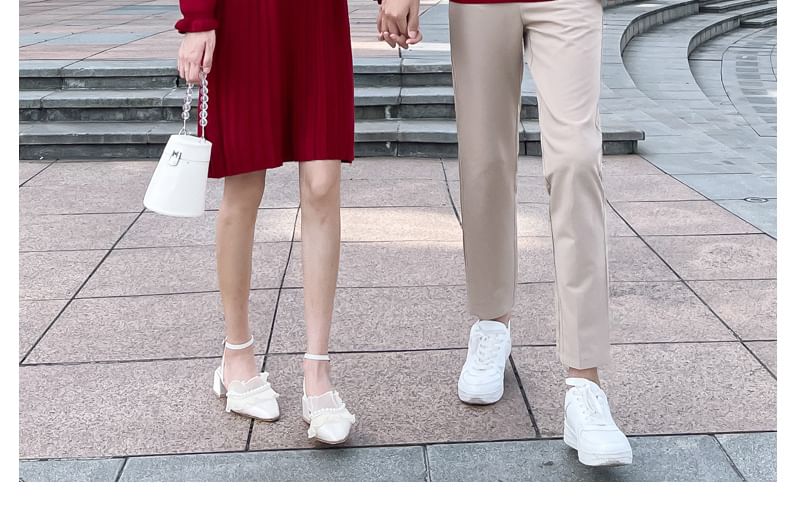 Azure - Matching Mock Two-Piece Midi Knit Dress met Puff-Sleeve en Tweekleurige Kunstparels / Lange Mouw Ronde Hals Gestreepte Trui / Middelhoge Rechte Broek