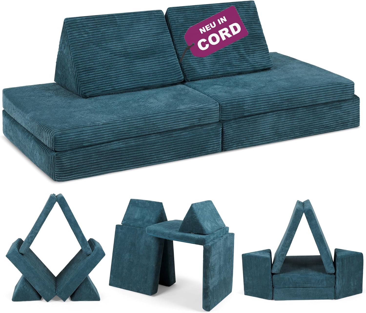 Linodino® Spielsofa Cord | Kindersofa aus Schaumstoff Bausteine - Spielsofa für Kinder & Kuschelecke im Kinderzimmer | Kindercouch | Oeko-TEX 100 Zertifiziert | Tannengrün