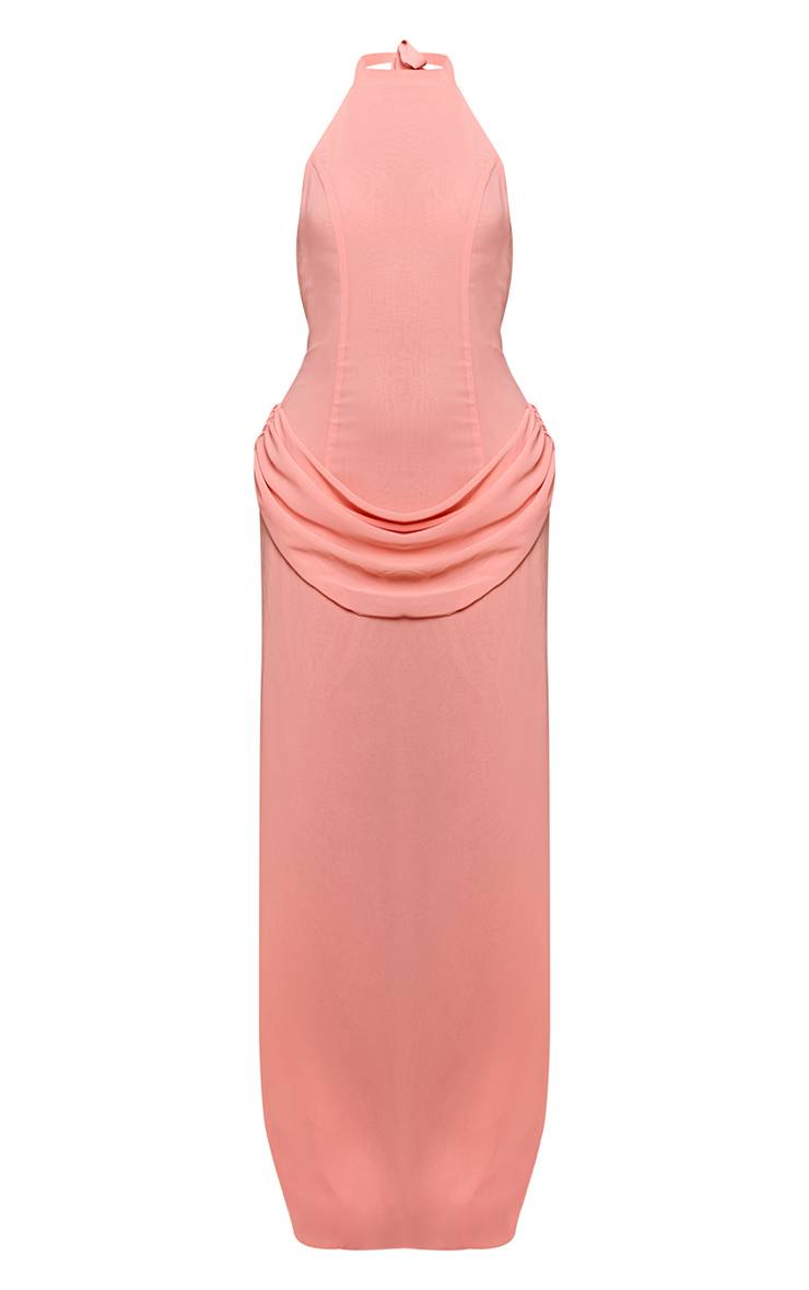 Pêche Robe Longue En Mousseline À Col Montant Et Drapé Frontal