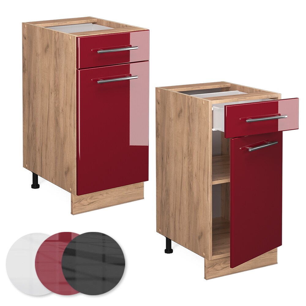 Vicco Schubunterschrank Küchenschrank Küchenmöbel Fame-Line Eiche Rot Bordeaux modern 40 cm Küche Einbauküche Drehtür Schublade Einlegeboden Blende Küchenzeile Hochglanz