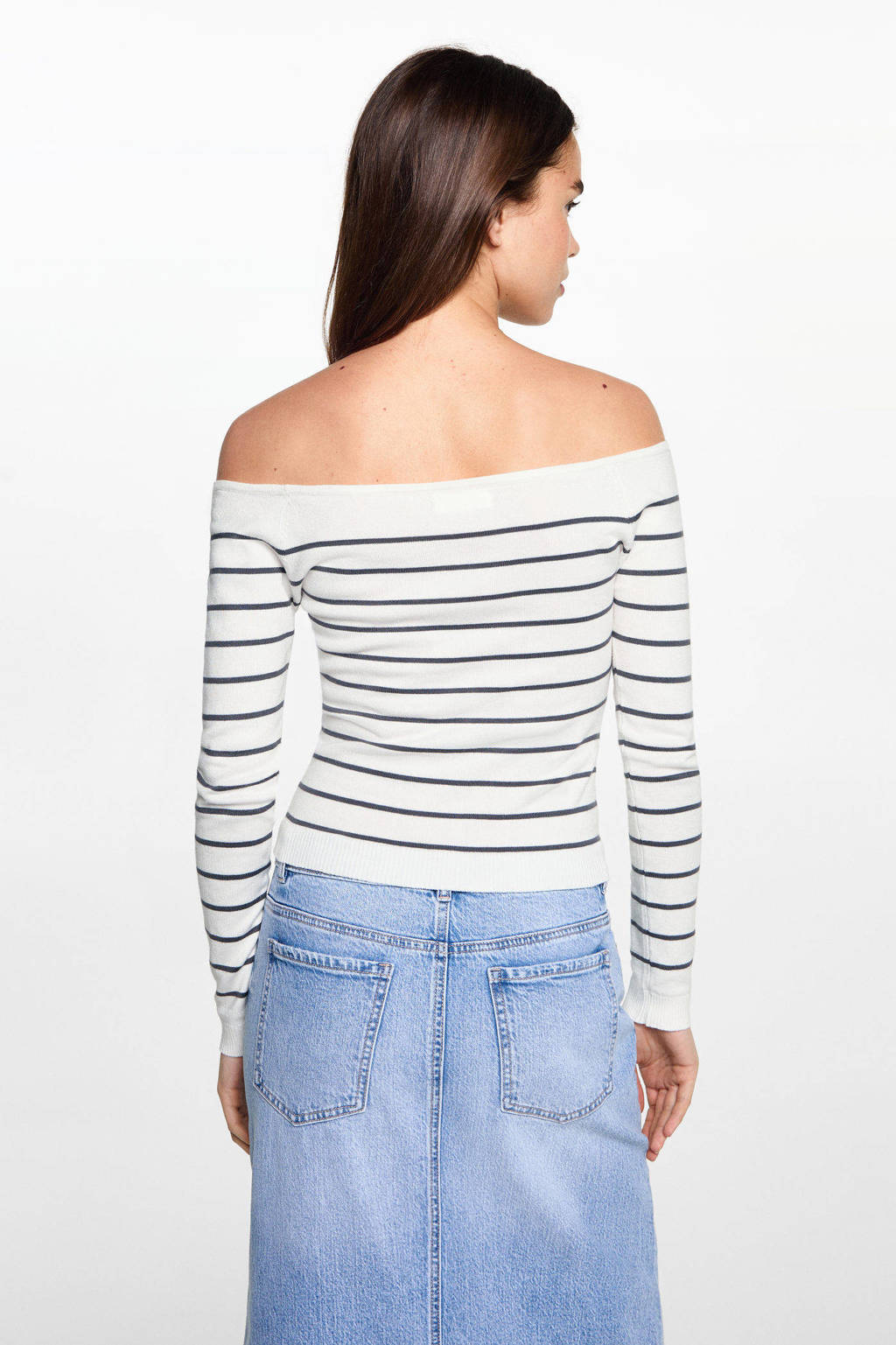 MANGO TEEN gestreepte fijngebreideoff shoulder top wit/donkergrijs