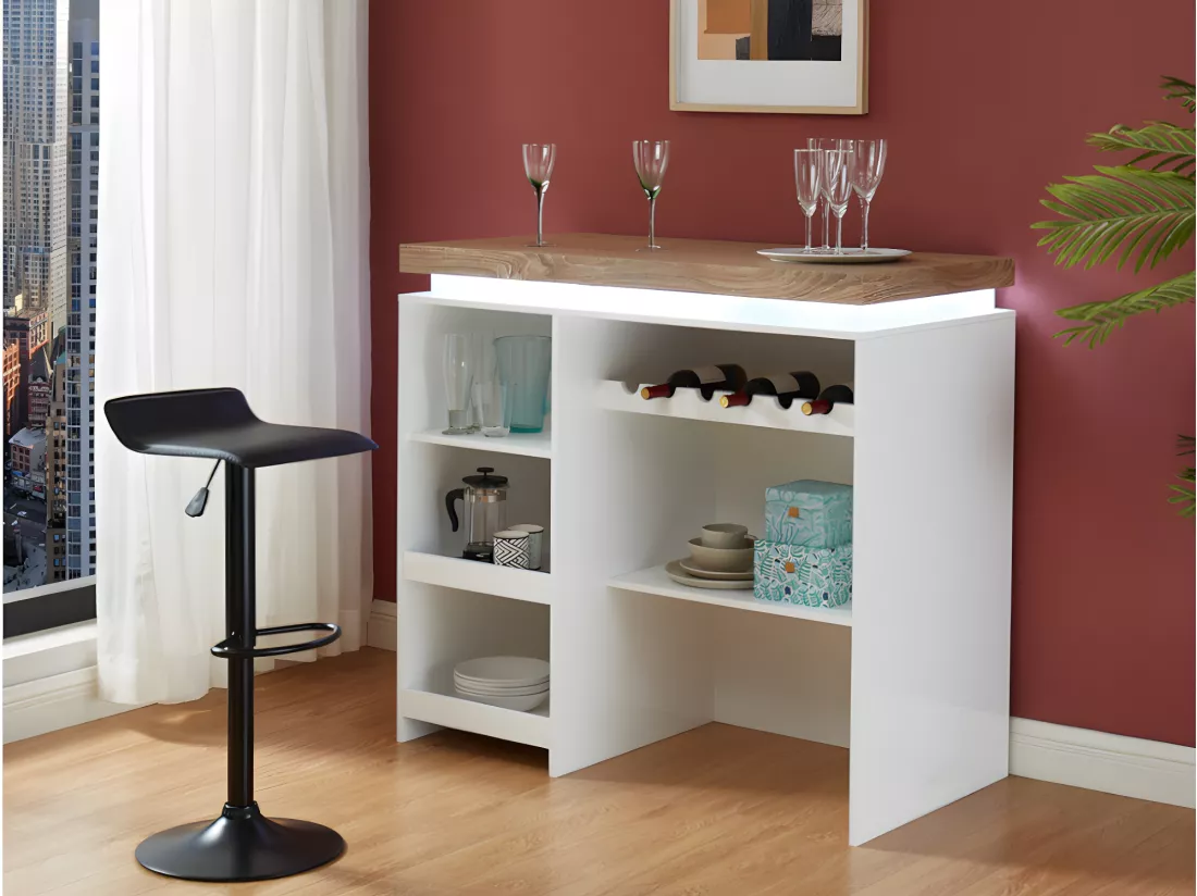 Meuble de bar HALO II - MDF laqué blanc - LEDs - Blanc et Chêne