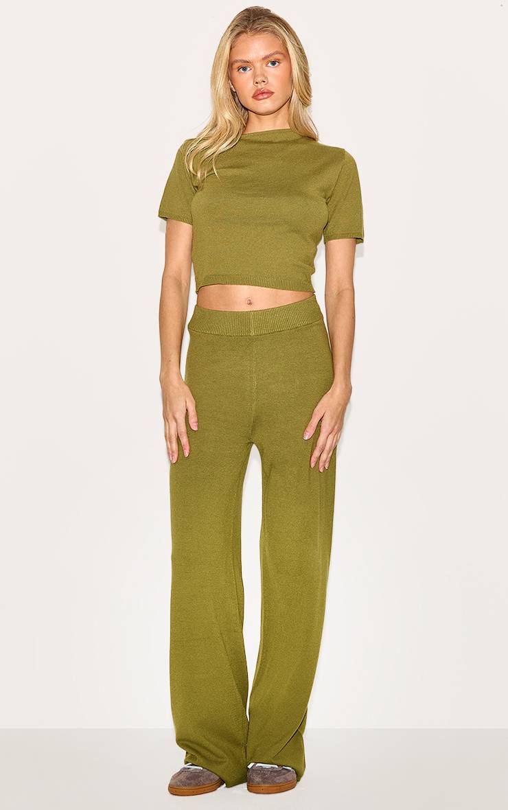 Vert Olive Pantalon Large En Maille Basique