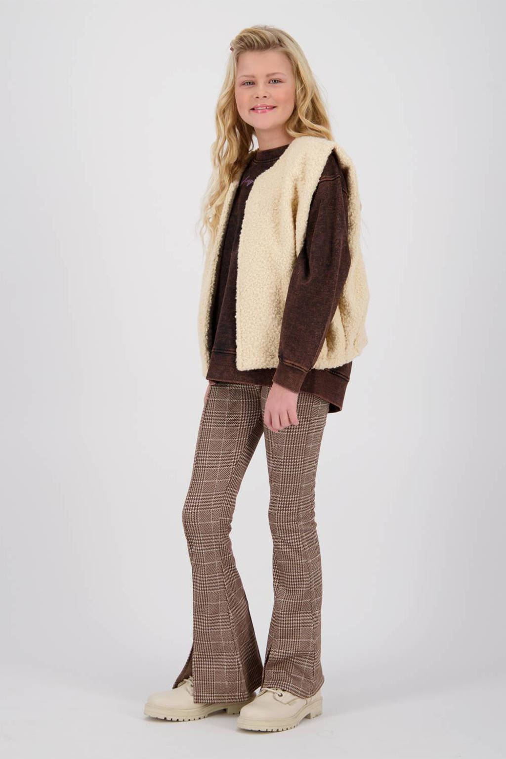 Vingino geruite flared broek Sanima lichtbruin/ecru