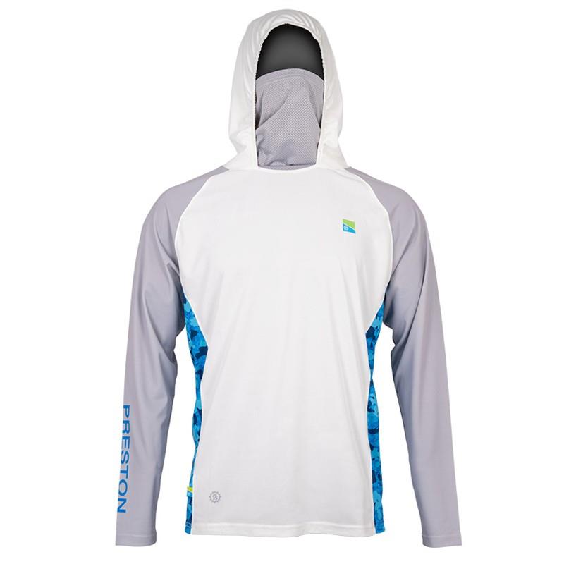 Tee Shirt Manches Longues Homme Preston Innovations Performance Hooded Sun Shirt Upf-40 - Blanc/Gris
