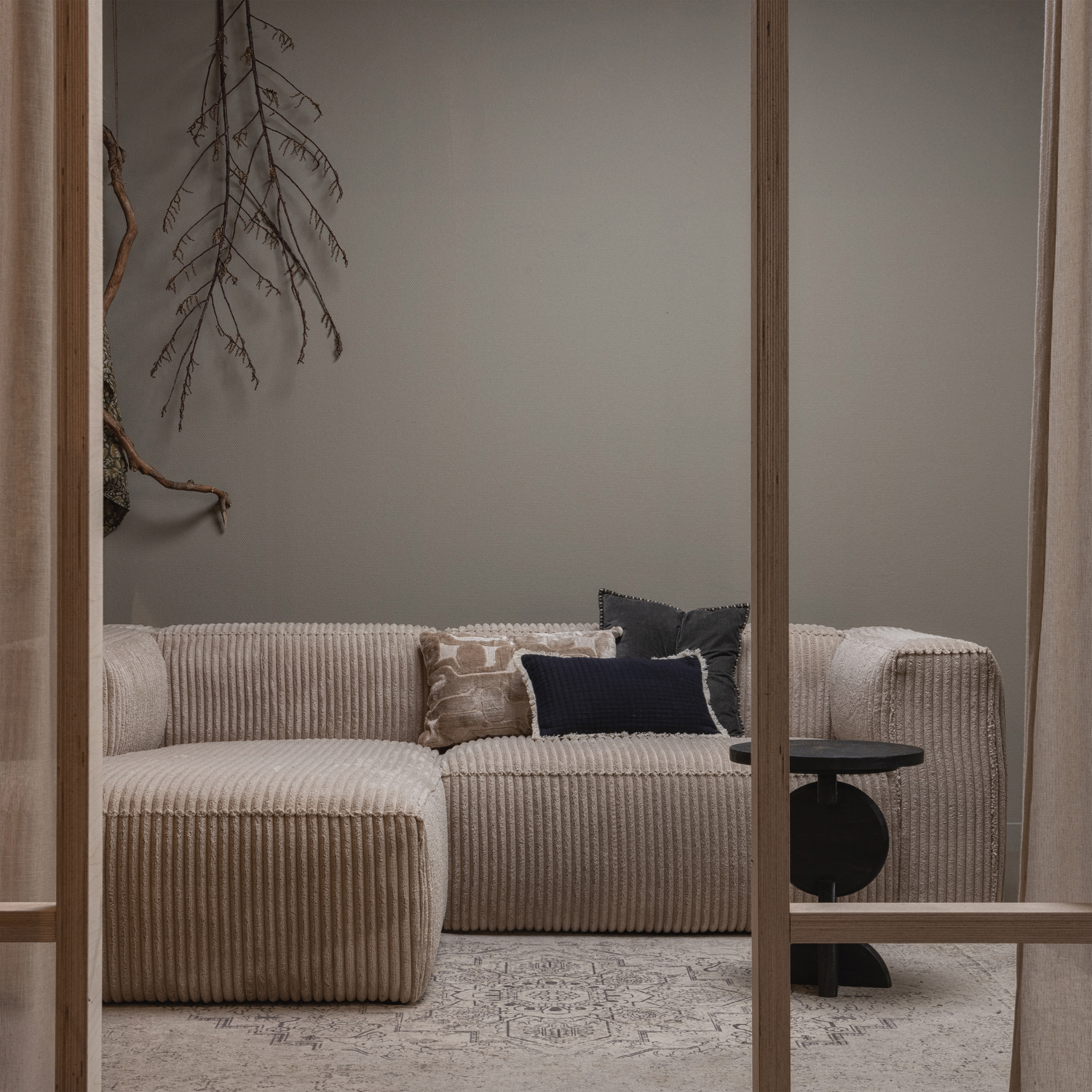 WOOOD Bean Hoekbank met Chaise Longue Links - Ribstof - Travertin