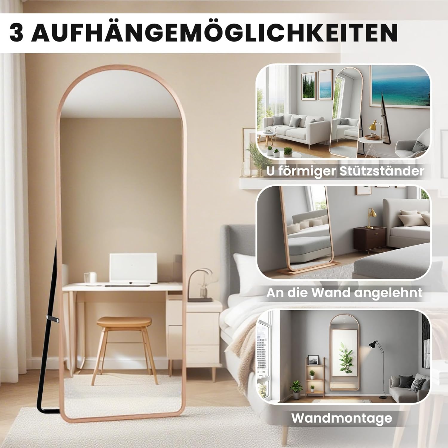 Ganzkörperspiegel 180 × 65 cm, Standspiegel mit gewölbtem Top, Bodenspiegel Groß Frei Stehend, Wandspiegel mit Aluminiumrahmen, Ankleidespiegel für Schlafzimmer Wohnzimmer Flur Ankleidezimmer