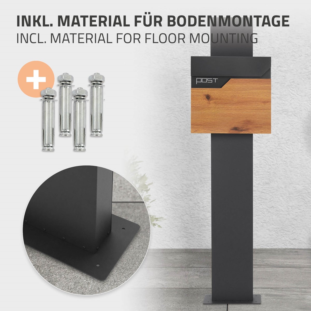 ECD Germany vrijstaande brievenbus met krantenvak, design brievenbus met post, brievenbussysteem, antraciet brievenbusstandaard 170cm roestvrij staal, antraciet houtlook brievenbus, gepoedercoat roestvrij staal