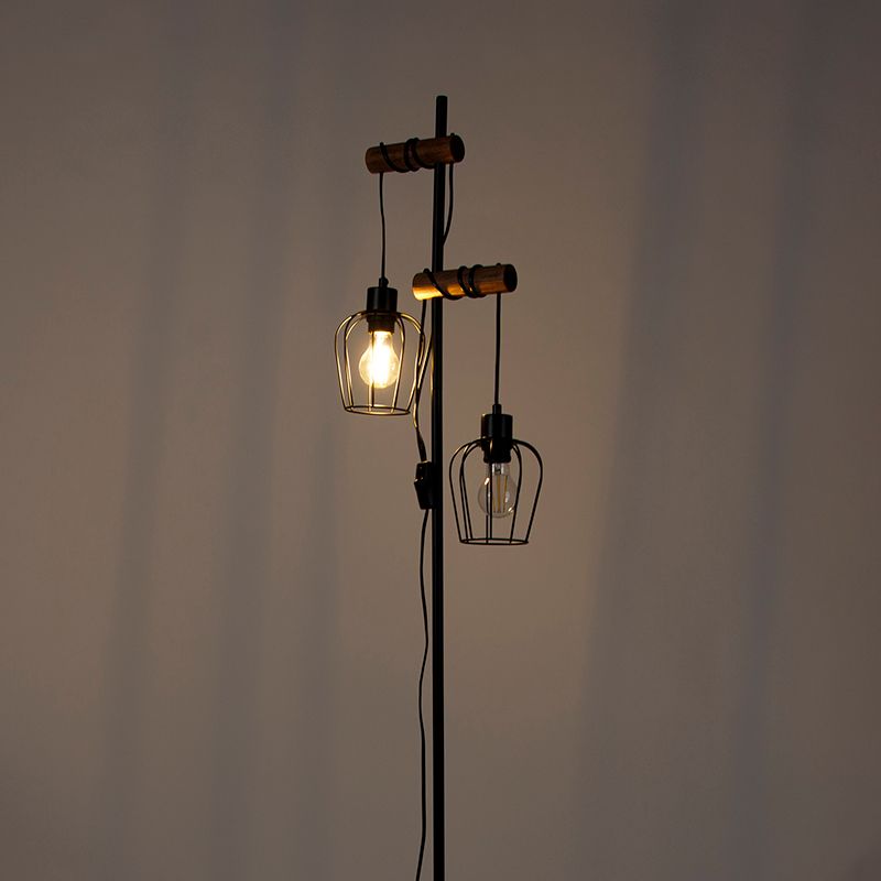 Landelijke vloerlamp zwart met hout 2-lichts - Stronk