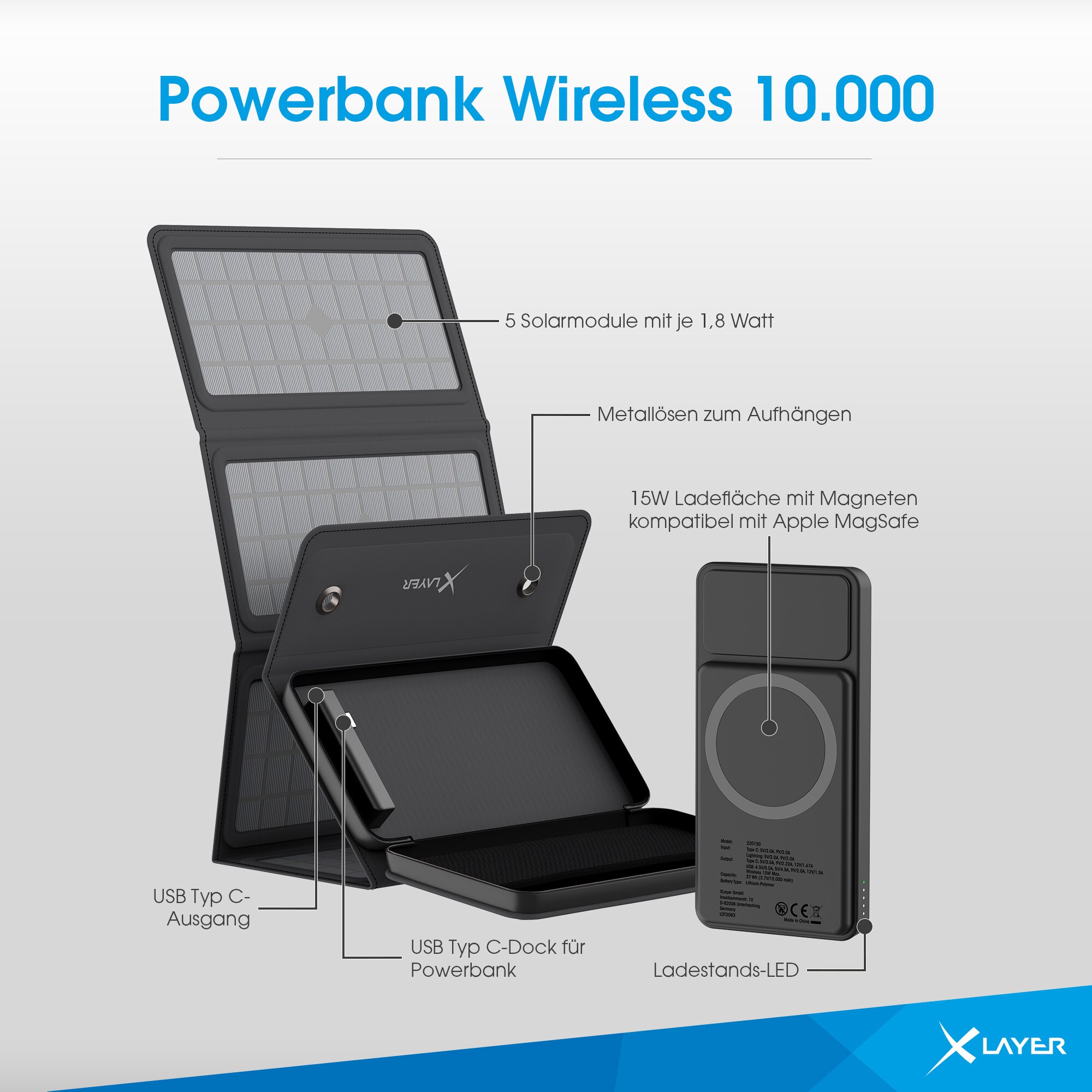 Xlayer Powerbank Solar 15W 10.000 mAh Wireless Solarpanel externes Ladegerät