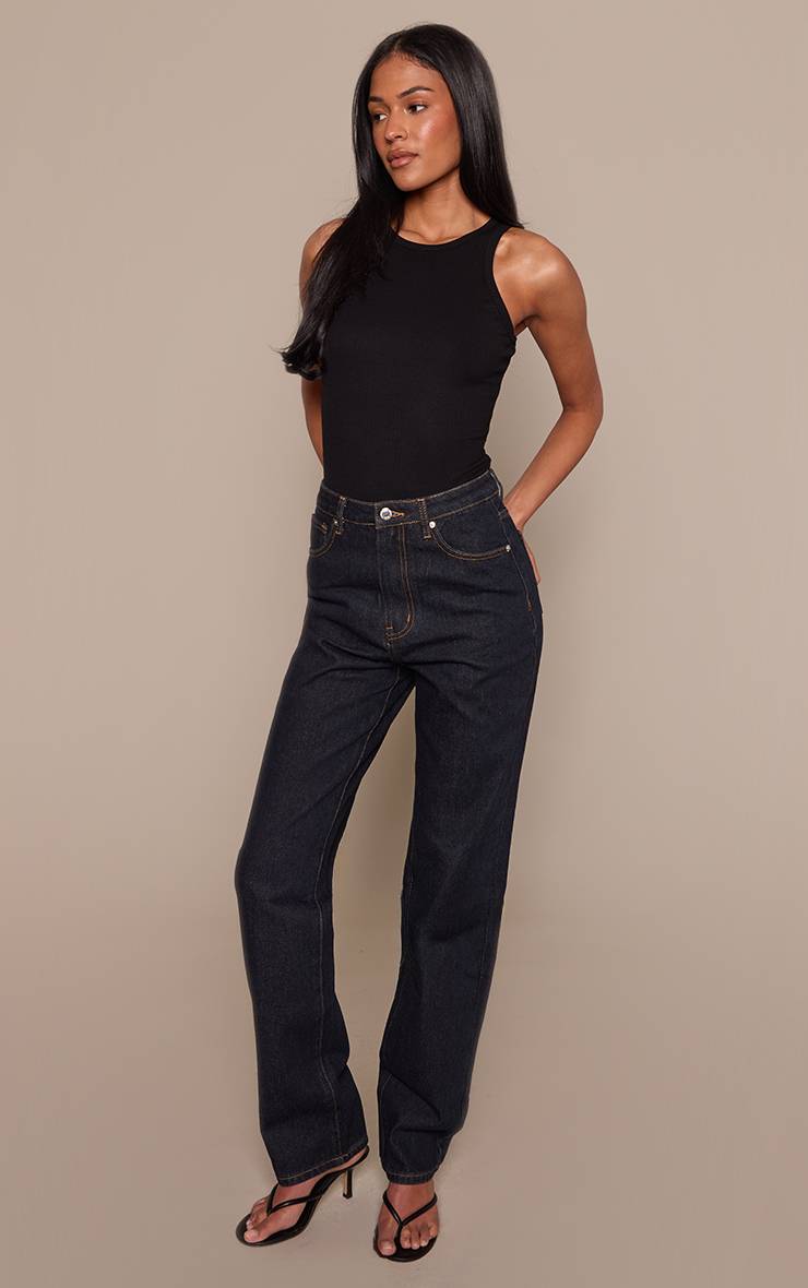 Bleu Indigo Foncé Jean Droit Taille Haute Pour Grandes Tailles
