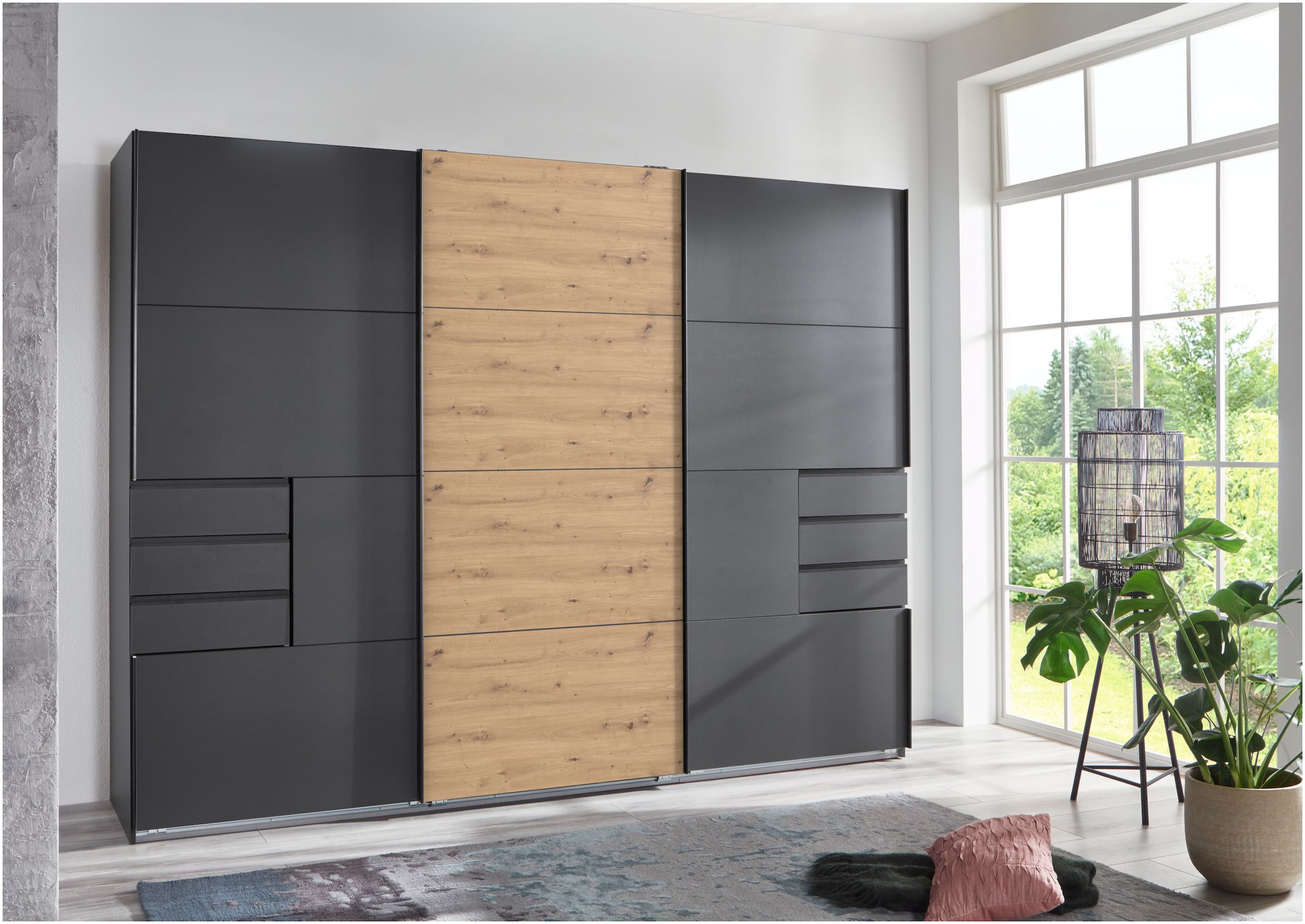 Wimex Schwebetürenschrank »Saigon, mit kompletter Innenausstattung, Made in Germany« Kleiderschrank 3-türig, 270cm breit, mit 6 praktischen Aussenschubladen