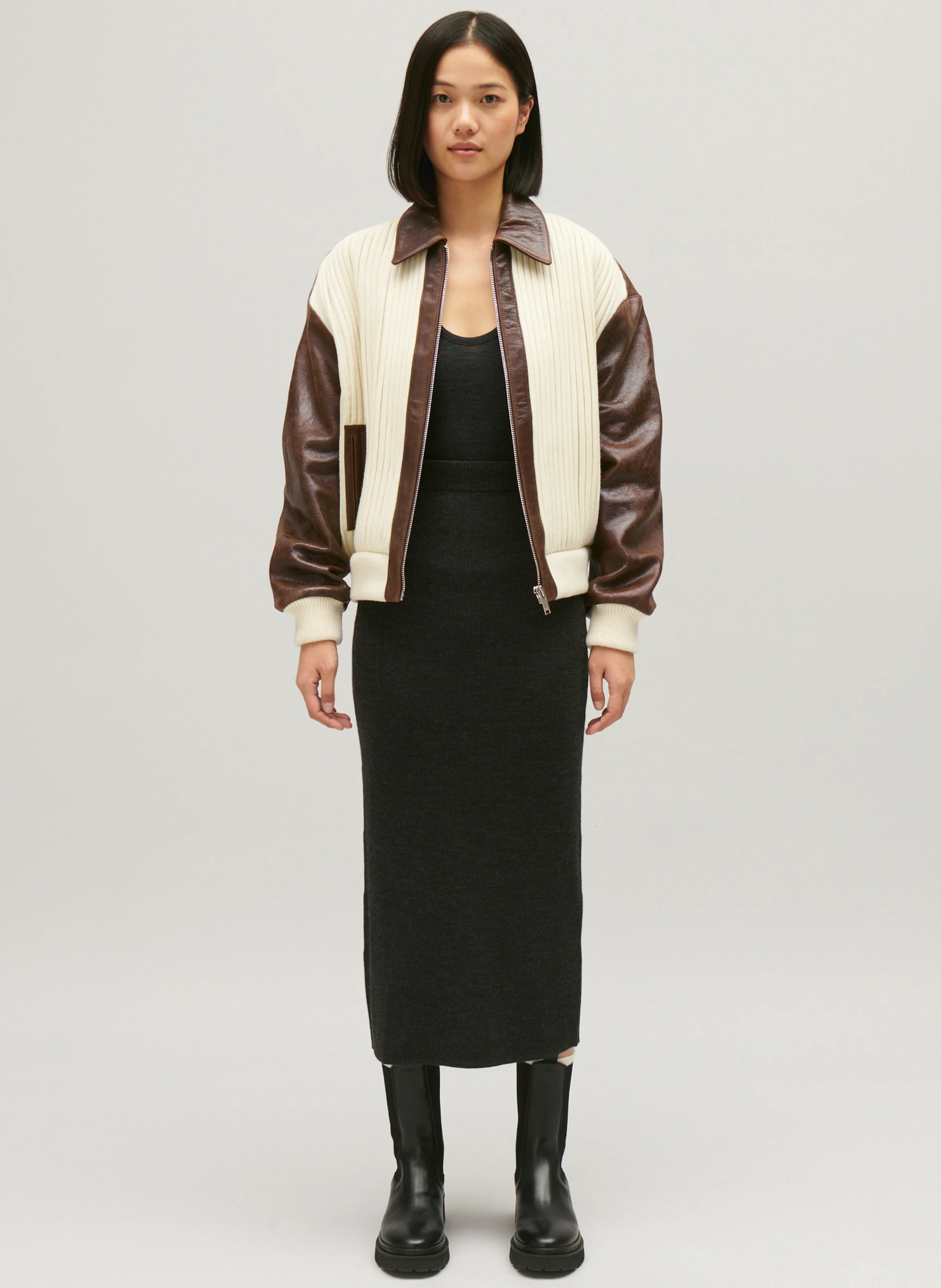 Blouson court col classique en cuir d'agneau | Multicolore