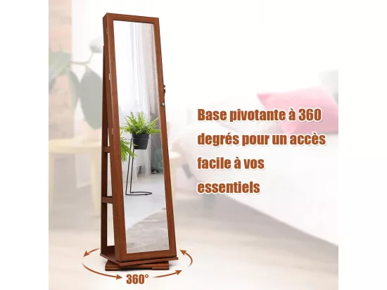 Armoire à Bijoux Pivotante à 360 Degrés, Organisateur de Bijoux sur Pieds, avec Grand Miroir Psyché et Etagère de Rangement à L’Arrière (Café)