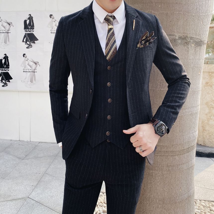Lefitt - Set: Gestreept vest met knoopjes + blazer + rechte broek