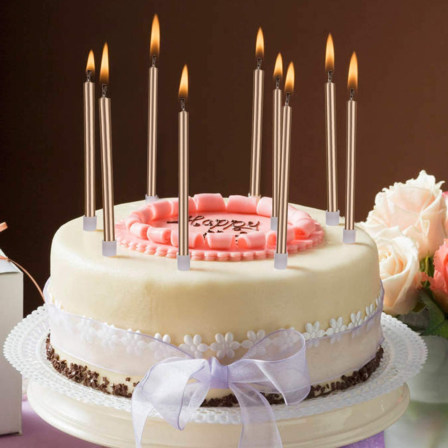 (24er Set) 10.5cm Metallic Geburtstags Kerzen Birthday Deko für Torten / Kuchen / Muffins - Roségold
